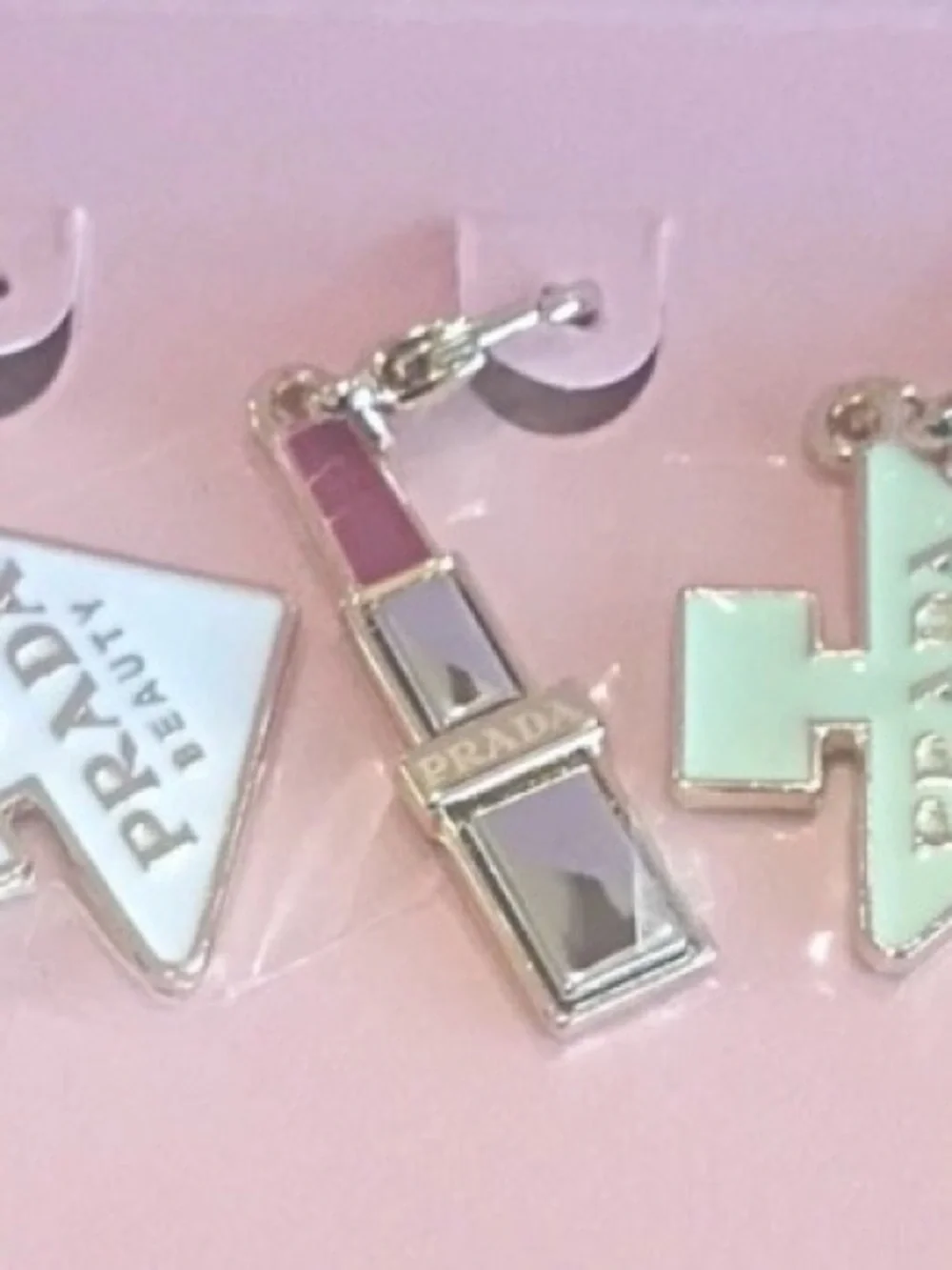 Prada Beauty Enamel Mini Charm Keychain Trio in Pink, White & Mint with Gold HW